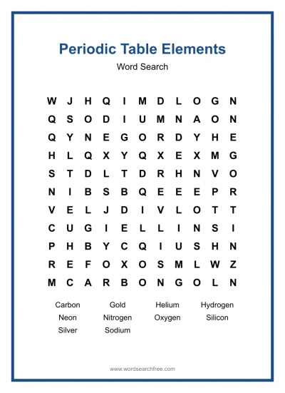 Printable Periodic Table Elements Word Search worksheet