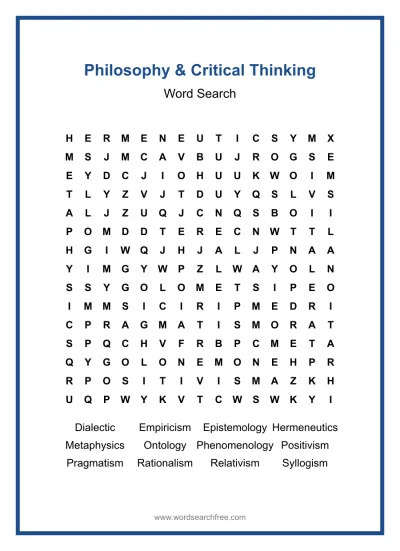Printable Philosophy & Critical Thinking Word Search worksheet