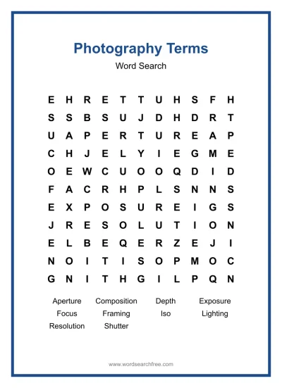 Printable Photography Terms Word Search worksheet