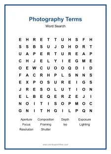 Photography Terms Word Search - Free printable puzzle with 10 words