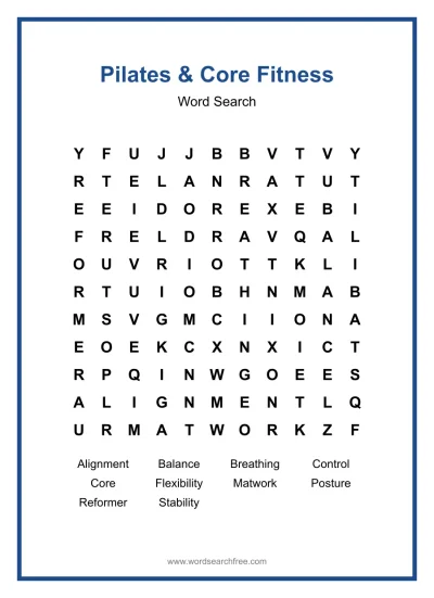 Printable Pilates & Core Fitness Word Search worksheet