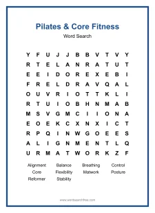 Pilates & Core Fitness Word Search - Free printable puzzle with 10 words