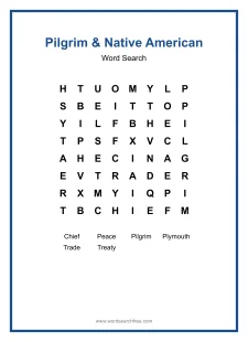 Pilgrim & Native American Word Search - Free printable puzzle with 6 words