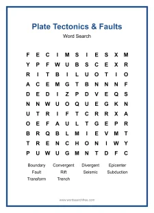 Plate Tectonics & Faults - printable word search worksheet