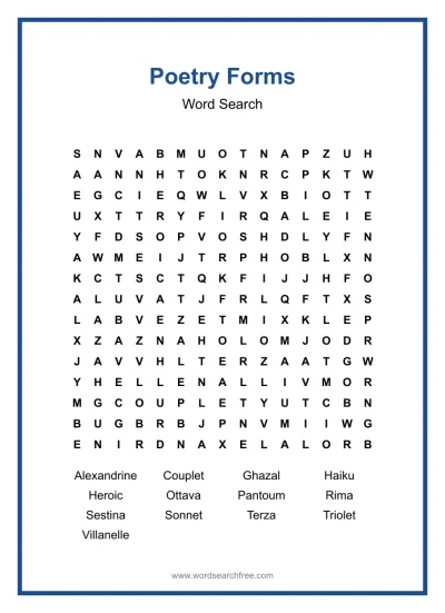 Printable Poetry Forms Word Search worksheet