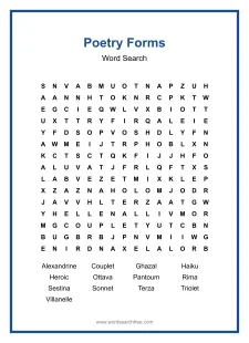 Poetry Forms Word Search - Free printable puzzle with 13 words