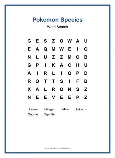 Printable Pokemon Species Word Search worksheet