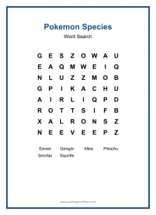 Pokemon Species Word Search - Free printable puzzle with 6 words