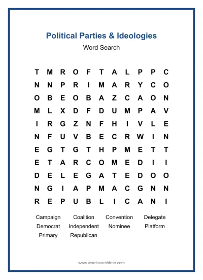Printable Political Parties & Ideologies Word Search worksheet