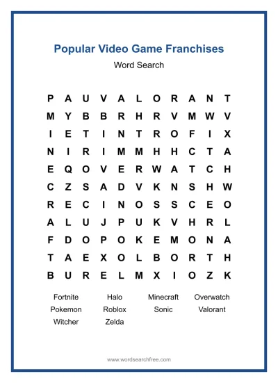 Printable Popular Video Game Franchises Word Search worksheet