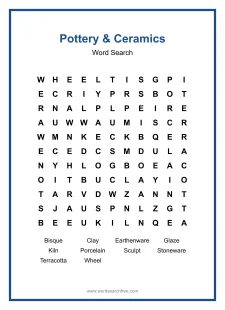 Pottery & Ceramics Word Search - Free printable puzzle with 10 words