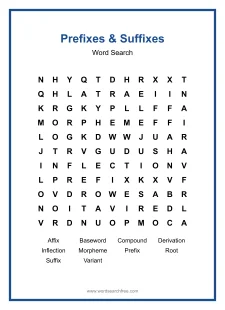 Prefixes & Suffixes Word Search - Free printable puzzle with 10 words
