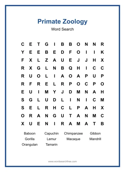 Printable Primate Zoology Word Search worksheet