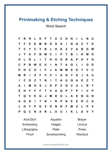 Printmaking & Etching Techniques - Hard Word Search Puzzle