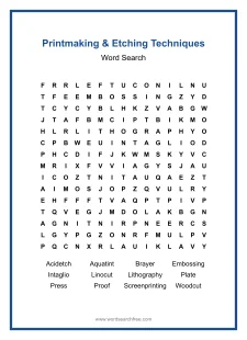 Printmaking & Etching Techniques Word Search - Free printable puzzle with 12 words