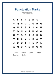 Punctuation Marks Word Search - Free printable puzzle with 6 words