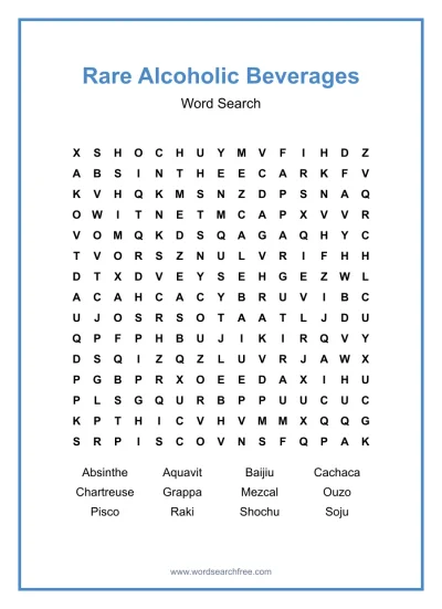 Printable Rare Alcoholic Beverages Word Search worksheet