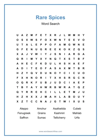 Printable Rare Spices Word Search worksheet