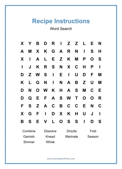 Printable Recipe Instructions Word Search worksheet