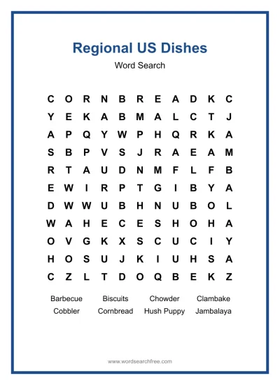 Printable Regional US Dishes Word Search worksheet