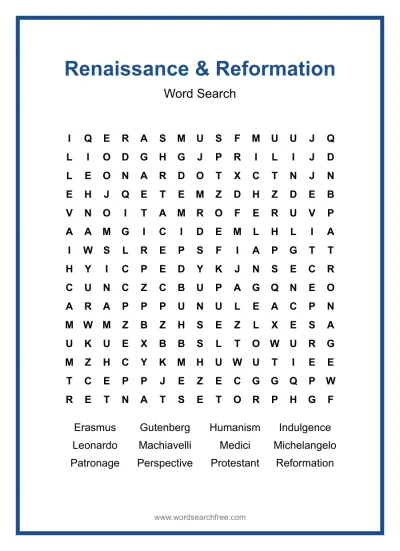 Printable Renaissance & Reformation Word Search worksheet