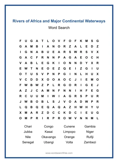 Printable Rivers of Africa and Major Continental Waterways Word Search worksheet