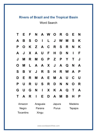 Printable Rivers of Brazil and the Tropical Basin Word Search worksheet
