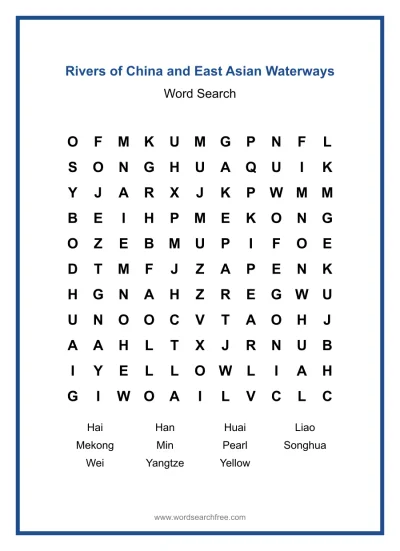 Printable Rivers of China and East Asian Waterways Word Search worksheet