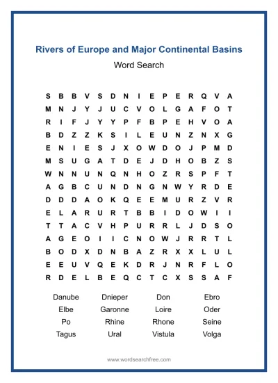 Printable Rivers of Europe and Major Continental Basins Word Search worksheet