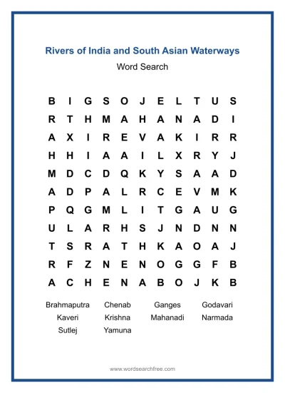 Printable Rivers of India and South Asian Waterways Word Search worksheet