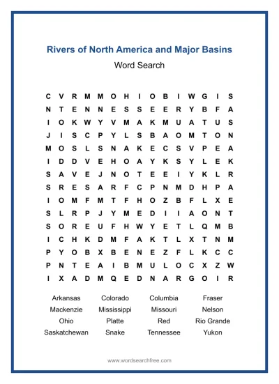Printable Rivers of North America and Major Basins Word Search worksheet