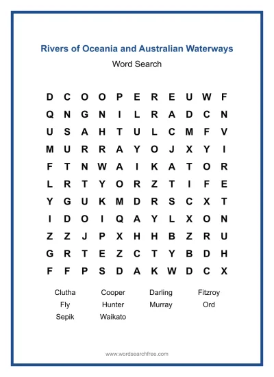 Printable Rivers of Oceania and Australian Waterways Word Search worksheet