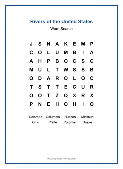 Printable Rivers of the United States Word Search worksheet