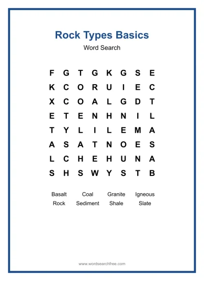 Printable Rock Types Basics Word Search worksheet