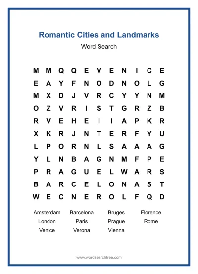 Printable Romantic Cities and Landmarks Word Search worksheet