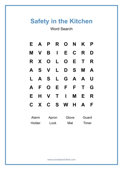 Printable Safety in the Kitchen Word Search worksheet