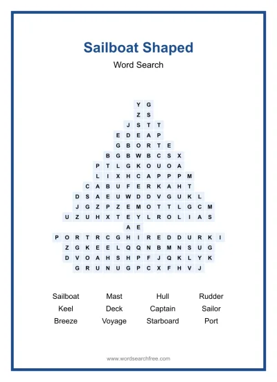Printable Sailboat Shaped Word Search worksheet