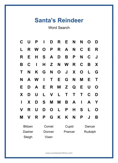 Printable Santa's Reindeer Word Search worksheet