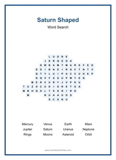 Printable Saturn Shaped Word Search worksheet