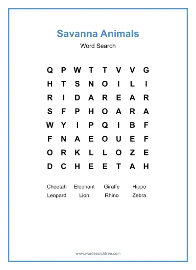 Printable Savanna Animals Word Search worksheet