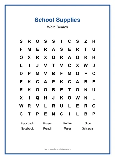 Printable School Supplies Word Search worksheet