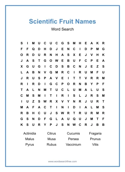 Printable Scientific Fruit Names Word Search worksheet