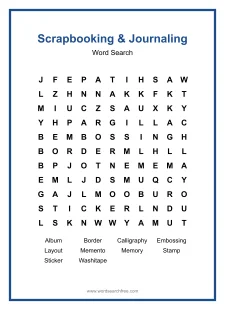 Scrapbooking & Journaling Word Search - Free printable puzzle with 10 words