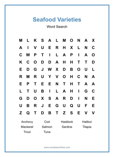 Printable Seafood Varieties Word Search worksheet