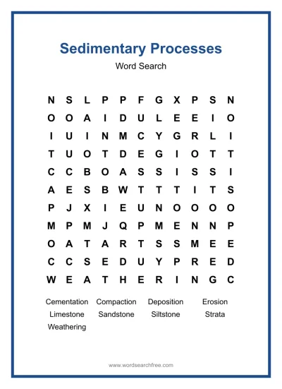 Printable Sedimentary Processes Word Search worksheet