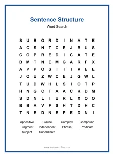 Sentence Structure Word Search - Free printable puzzle with 10 words