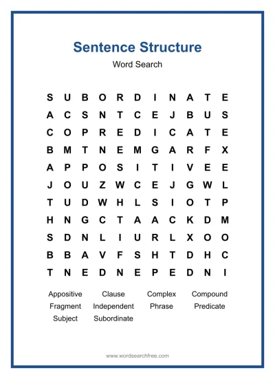 Printable Sentence Structure Word Search worksheet
