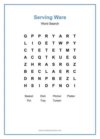 Printable Serving Ware Word Search worksheet
