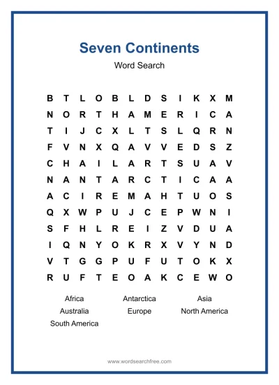 Printable Seven Continents Word Search worksheet
