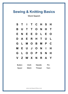 Sewing & Knitting Basics Word Search - Free printable puzzle with 8 words